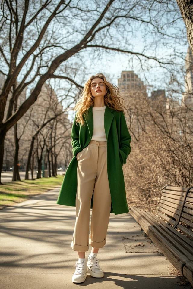 Fresh Green and Beige Combinations for Spring Coats