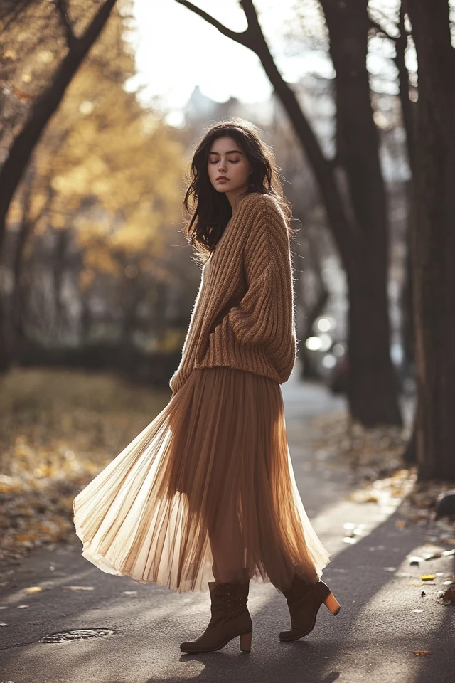 Layering Chunky Knits with Lightweight Chiffon Skirts