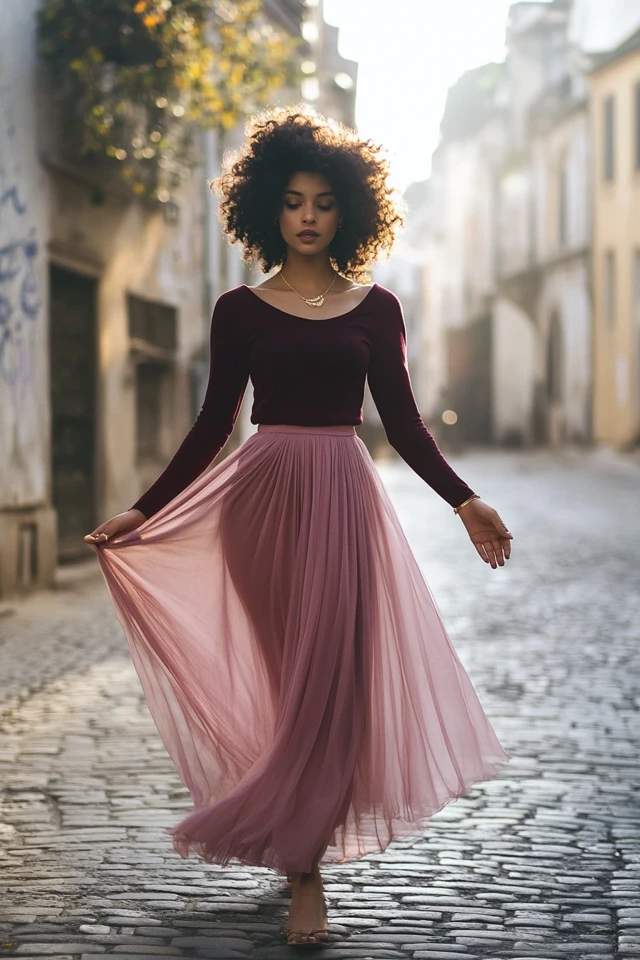 Romantic Blush and Burgundy Pairings for Maxi Skirts