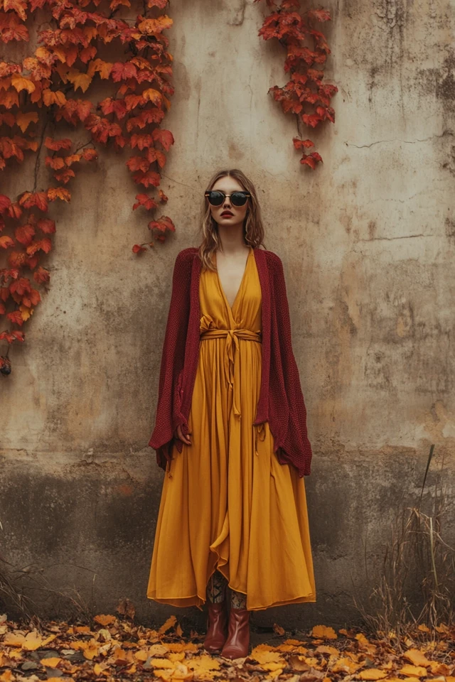 Mustard and Wine Red Outfit Ideas for Autumn Dresses