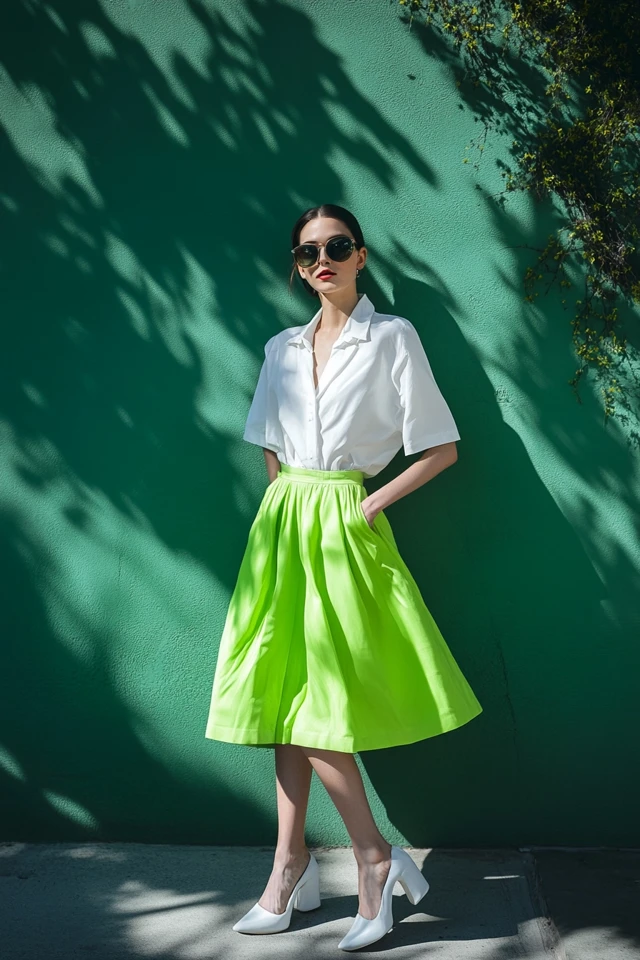 Bright Green and White Pairings for Bold Skirts