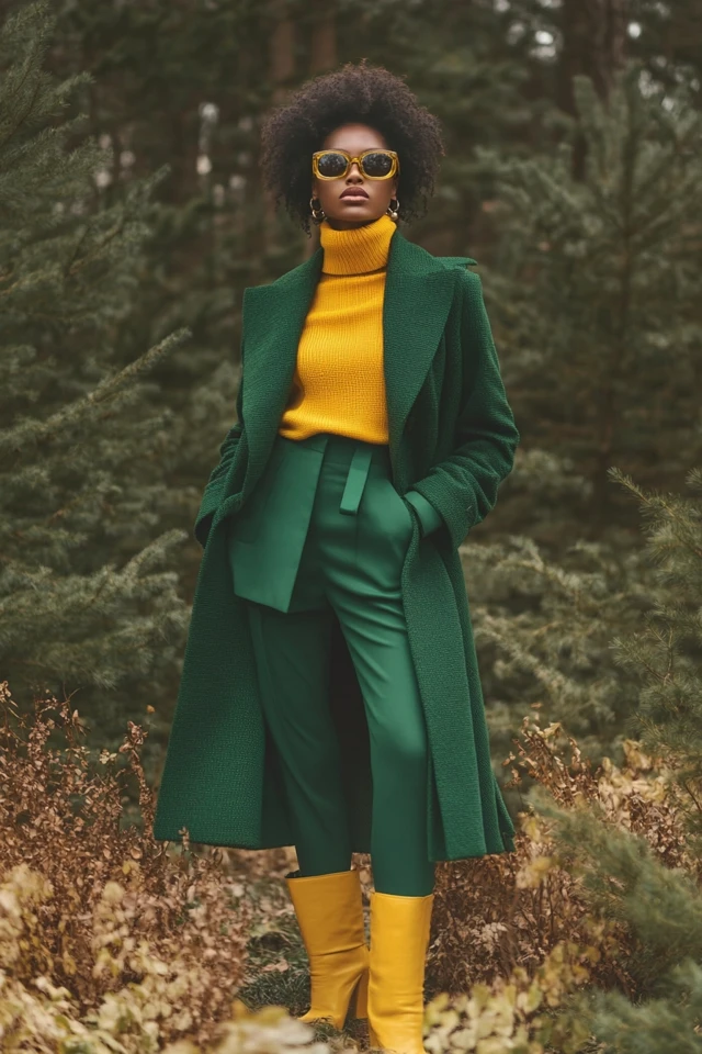 Golden Yellow and Deep Forest Green Pairings for Outerwear