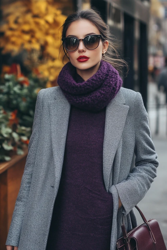 Grey and Plum Outfit Ideas for Cozy Fall Dresses