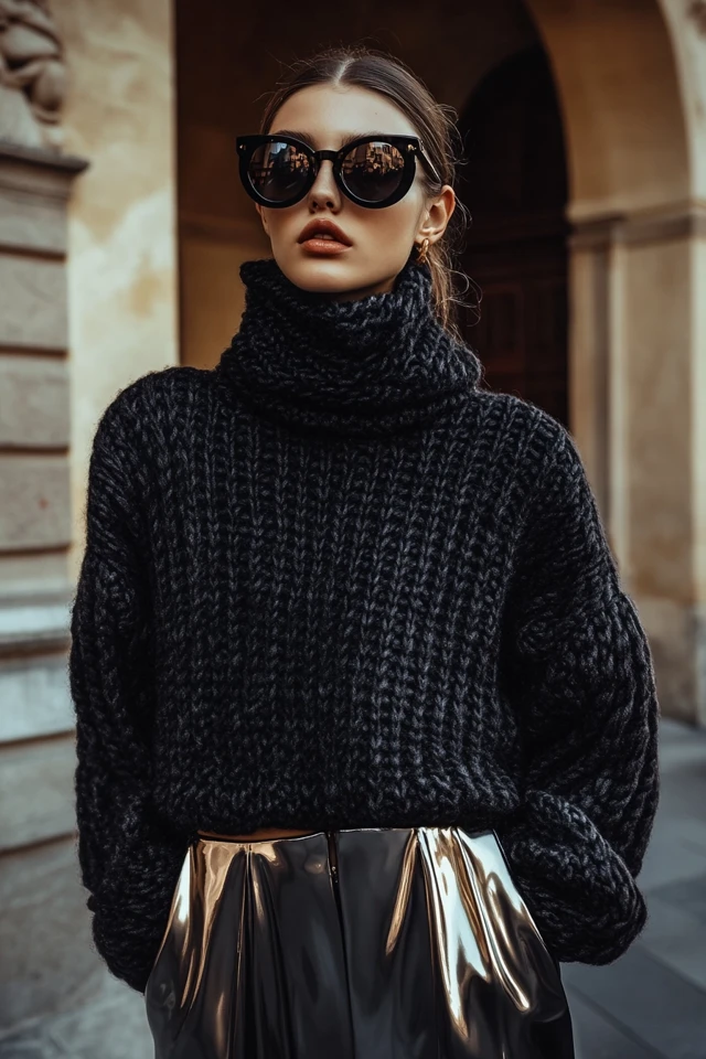 Layering Chunky Knitwear with Satin Pants