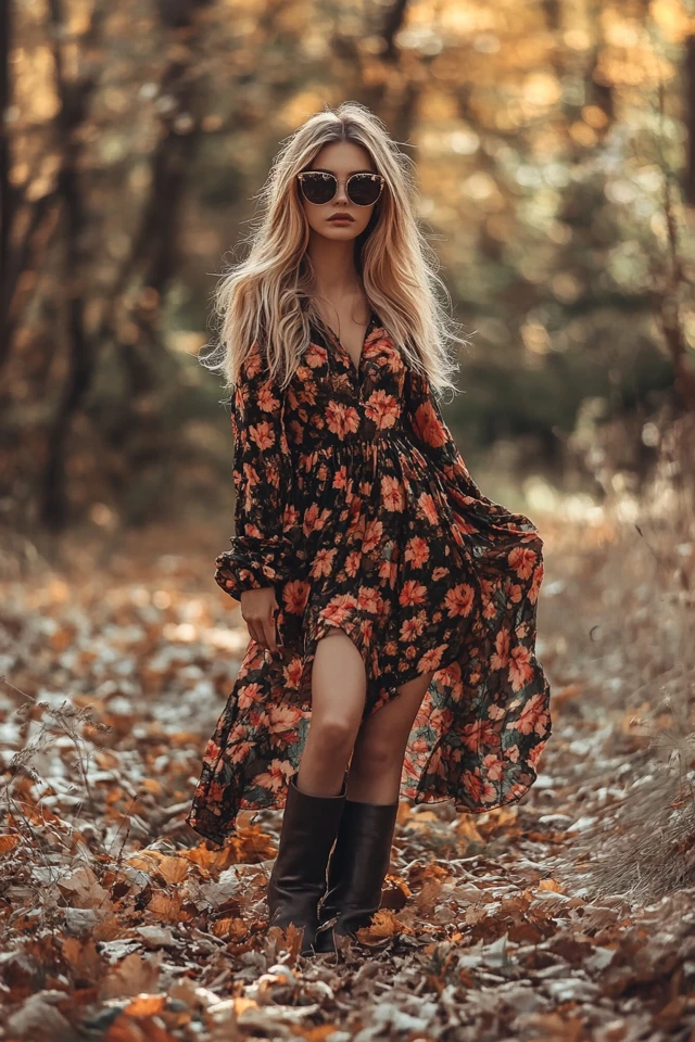 Floral Maxi Dresses with Boots for Fall Layers