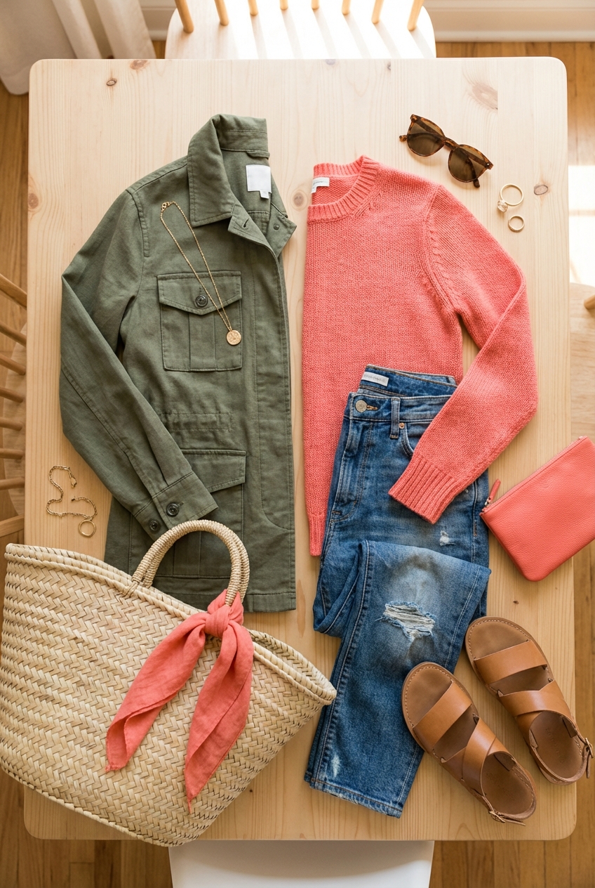 Olive Green And Coral Mixes For Effortless Casual Looks