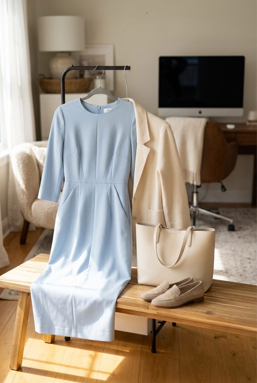Crisp Light Blue And Cream Pairings For Work Dresses