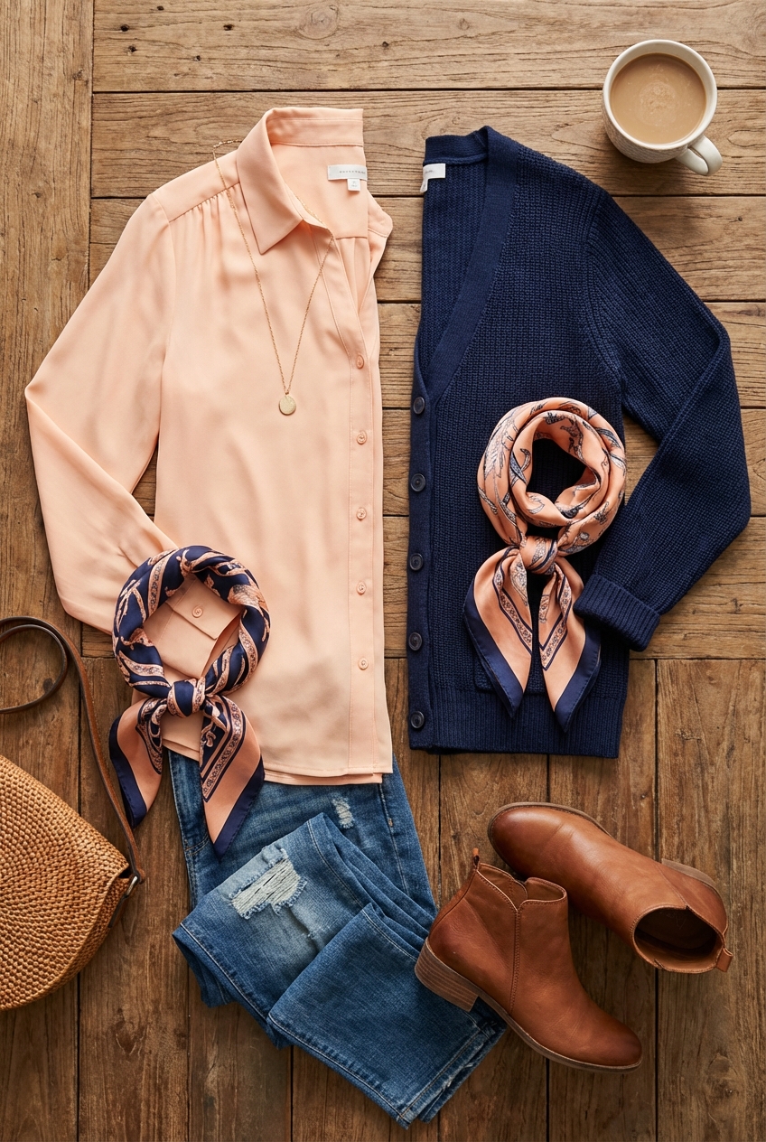 How To Mix Warm Peach And Navy In Everyday Blouses