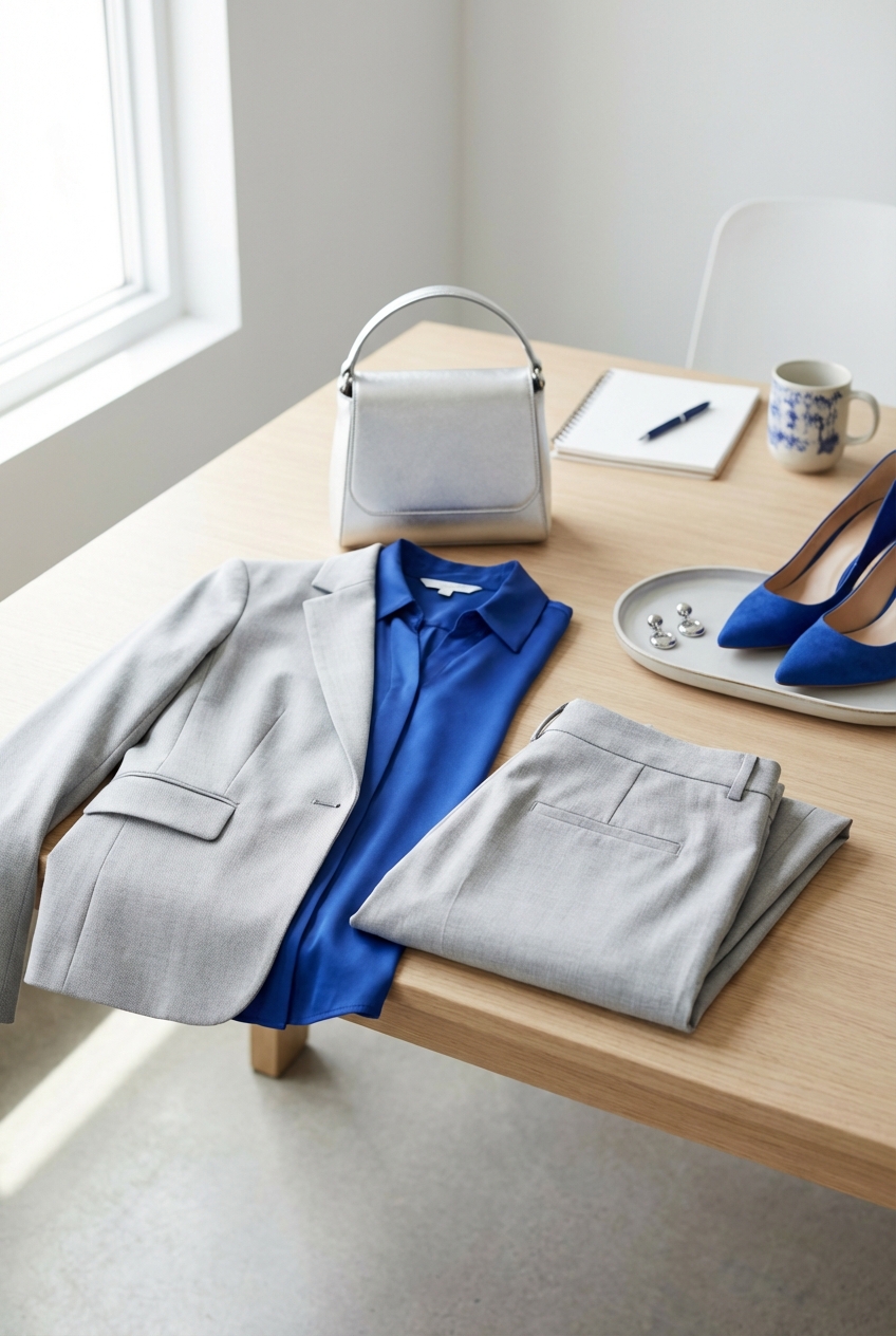 Light Grey And Cobalt Blue Outfit Ideas For Sleek Office Wear